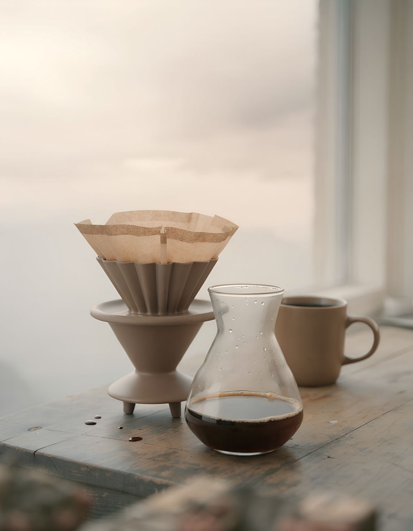 Pour-over coffee by a window in soft morning light